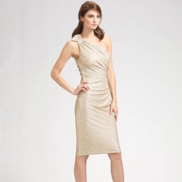 David Meister Women’s Gold One Shoulder Party Dress Size 2 - Picture 2 of 9